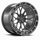 MRR F321-A forged wheel in Gloss Gun Metal finish, angled view, branching spokes and a continuous vented outer ring