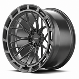 MRR F321-A forged wheel in gray finish, opposite-side angled view, branching spokes and a continuous vented outer ring