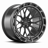 MRR F321-A forged wheel in gray finish, angled view, branching spokes and a continuous vented outer ring