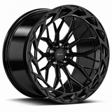 MRR F321-C forged wheel in Gloss Black, angled view showing the branching spokes and angular outer ring