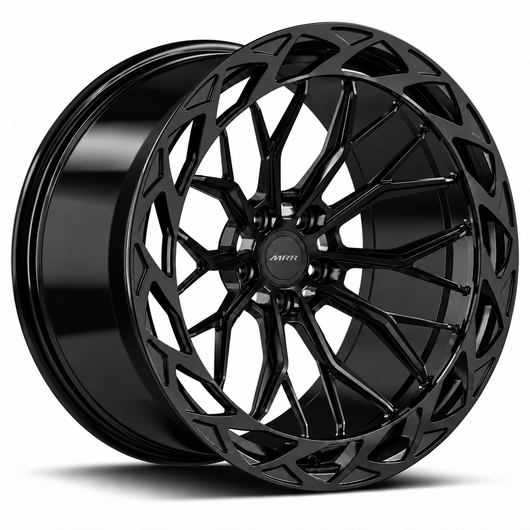MRR F321-C forged wheel in Gloss Black, angled view showing the branching spokes and angular outer ring