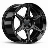 MRR F322 forged wheel in Gloss Black finish, angled view, six sculpted spokes