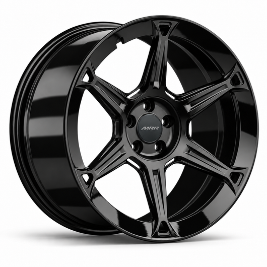 MRR F322 forged wheel in Gloss Black finish, angled view, six sculpted spokes