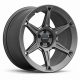 MRR F322 forged wheel in gray finish, angled view, six sculpted spokes