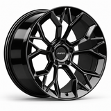 MRR F323 forged wheel in Gloss Black finish, angled view, angular split-spoke design