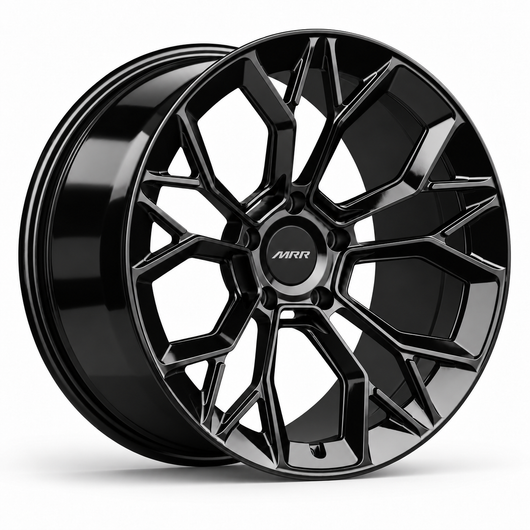 MRR F323 forged wheel in Gloss Black finish, angled view, angular split-spoke design