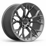 MRR F323 forged wheel in gray finish, angled view, angular split-spoke design