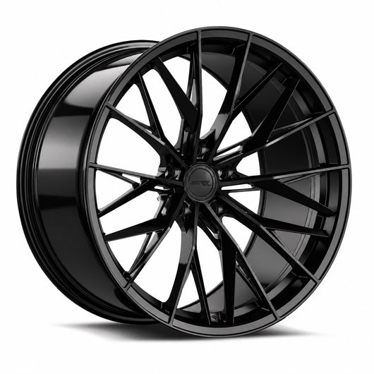 MRR F170 forged wheel in Gloss Black, three quarter view showing the split spokes and barrel