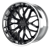 NES FG-XT two piece forged wheel with a branching mesh center in black and a polished lip