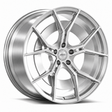 MRR F181 forged wheel in Brushed Clear, three quarter view showing the angular split spokes and barrel