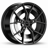 MRR F181 forged wheel in Gloss Black, three quarter view showing the angular split spokes and barrel