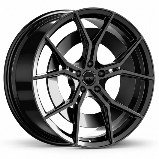 MRR F181 forged wheel in Gloss Black, three quarter view showing the angular split spokes and barrel