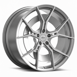 MRR F181 forged wheel in gray, three quarter view showing the angular split spokes and barrel