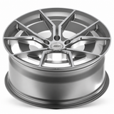 MRR F181 forged wheel in gray, low-angle view showing the concave split spokes and barrel depth