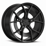 MRR F181 forged wheel in Matte Black, three quarter view showing the angular split spokes and barrel