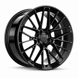 MRR F324 monoblock forged wheel in Gloss Black, three-quarter view with MRR Design center cap