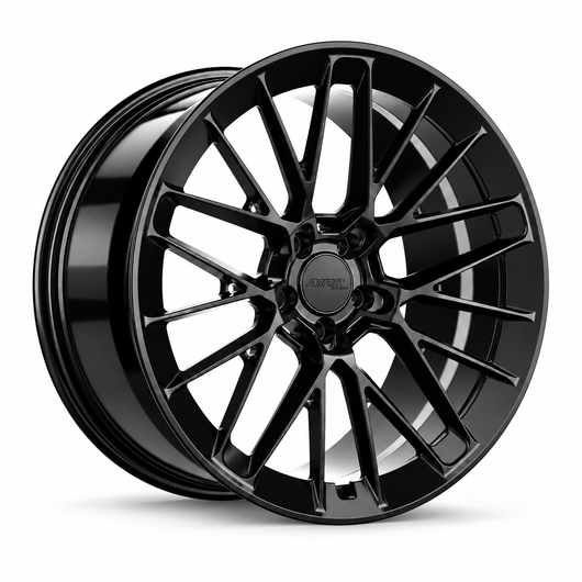 MRR F324 monoblock forged wheel in Gloss Black, three-quarter view with MRR Design center cap