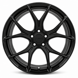 NES FG-01 wheel in Gloss Black with NES center cap, straight-on front view