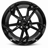 NES FG-02 wheel in Gloss Black with NES center cap, straight-on front view