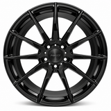 NES FG-05 wheel in Gloss Black with NES center cap, straight-on front view