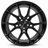 NES FG-08 wheel in Gloss Black with NES center cap, straight-on front view
