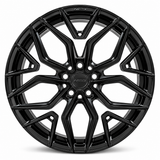 NES FG-17 wheel in Gloss Black with NES center cap, straight-on front view