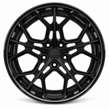 NES JA-08 wheel in Gloss Black with NES center cap, straight-on front view