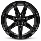 NES NC-7 wheel in Gloss Black with NES center cap, straight-on front view