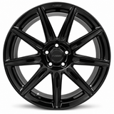 NES NC-9 wheel in Gloss Black with NES center cap, straight-on front view