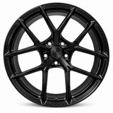 NES PO-1 wheel in Gloss Black with NES center cap, straight-on front view