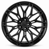 NES SS-6 wheel in Gloss Black with NES center cap, straight-on front view