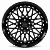 NES ZO-03 wheel in Gloss Black with NES center cap, straight-on front view