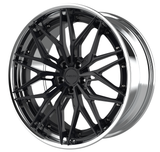 NES SS-6T two piece forged wheel with a branching multi spoke center in black and a polished lip