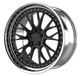 NES JA-02 two piece forged wheel with a mesh center in black and a polished lip